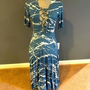 Gorgeous blue print jersey lace up dress from California designer, Rachel Pally